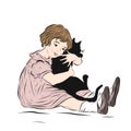 Little girl hugs black cat.